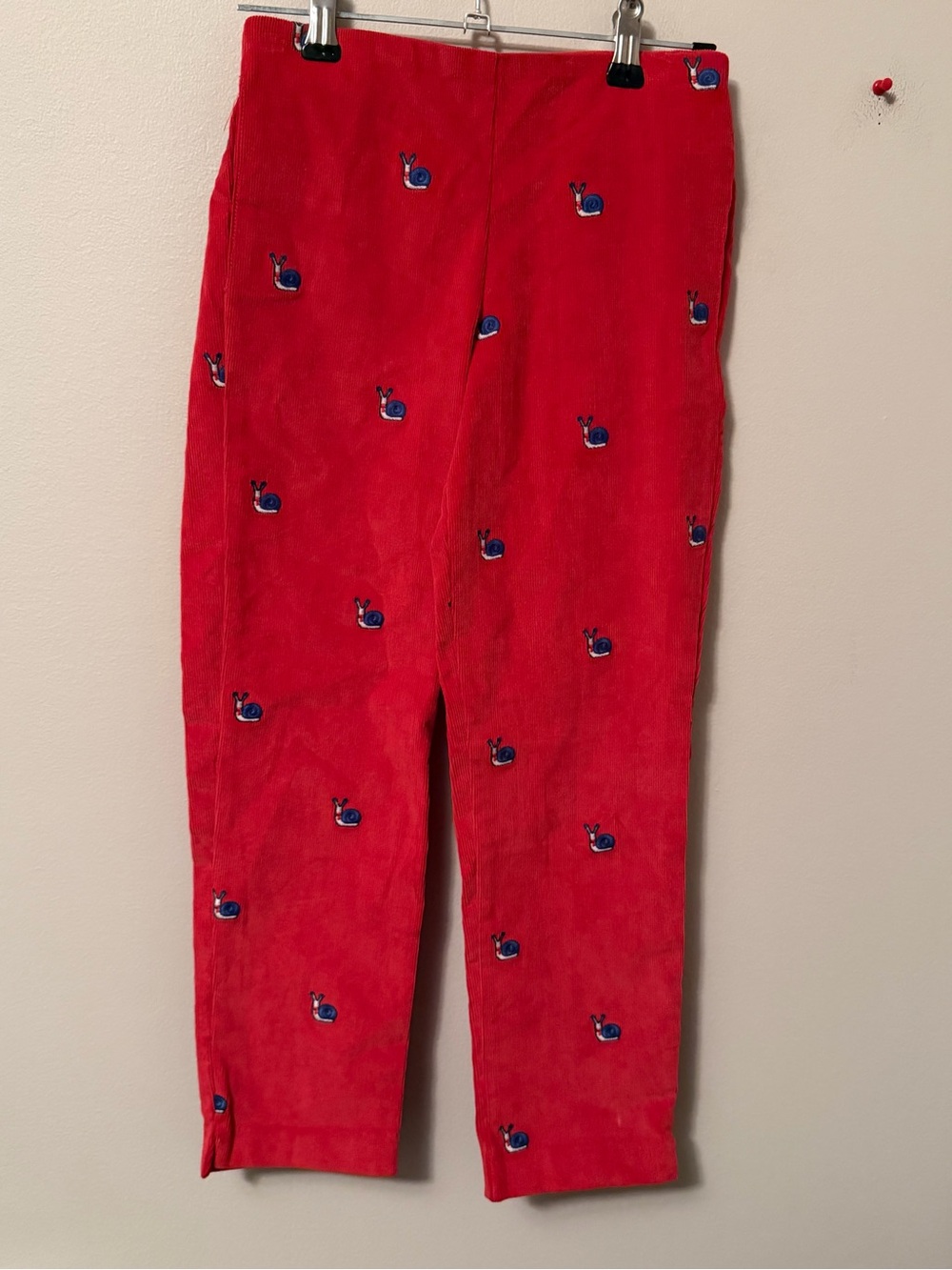 Classic Prep Red Corduroy Pants with Snail Embroidery